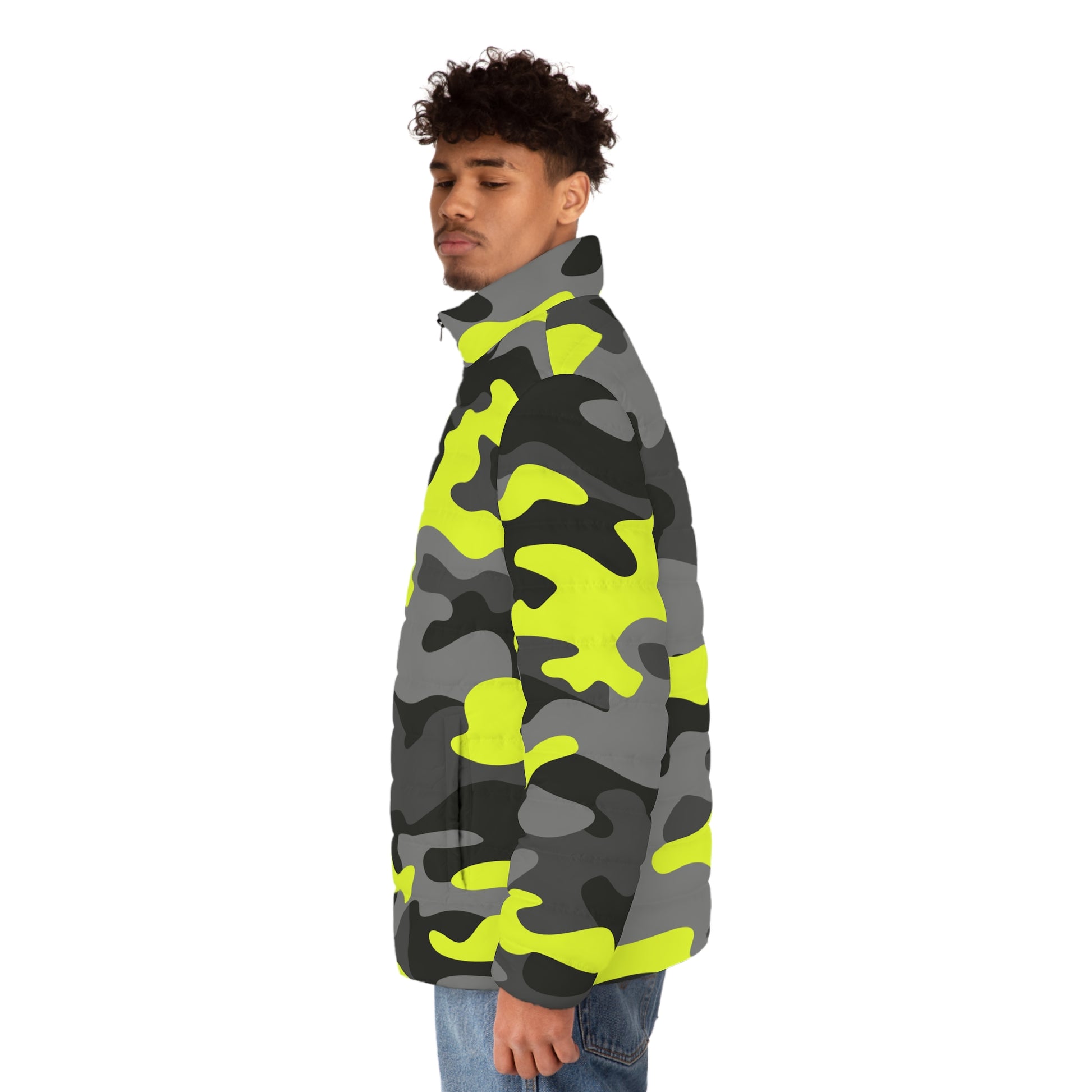 Men's Camo Puffer Jacket | Black, Gray & Yellow Camouflage