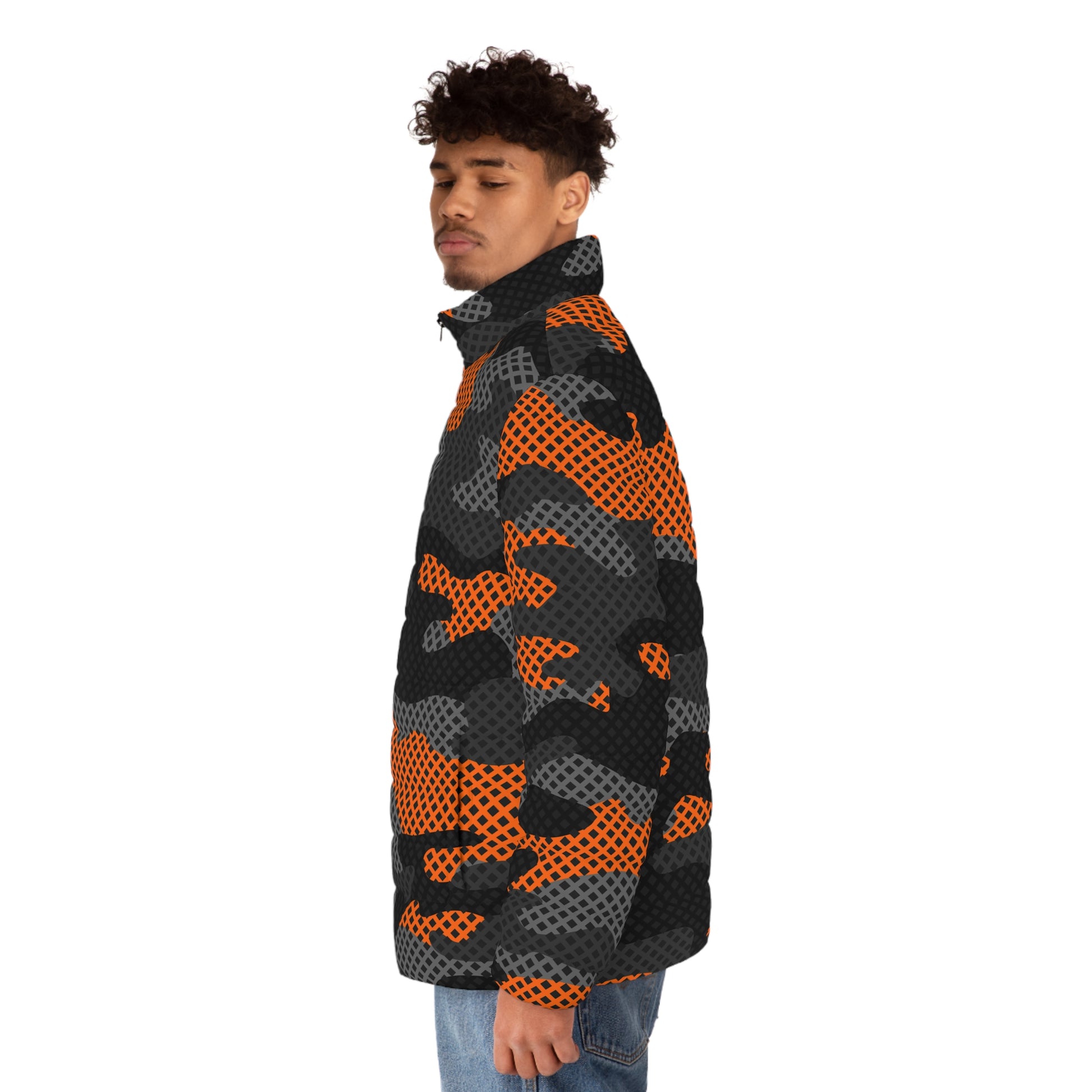 Camo Puffer Jacket | Black & Orange Pixel Camouflage