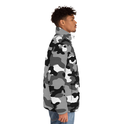 Men's Camo Puffer Jacket | Black, White & Gray Camouflage