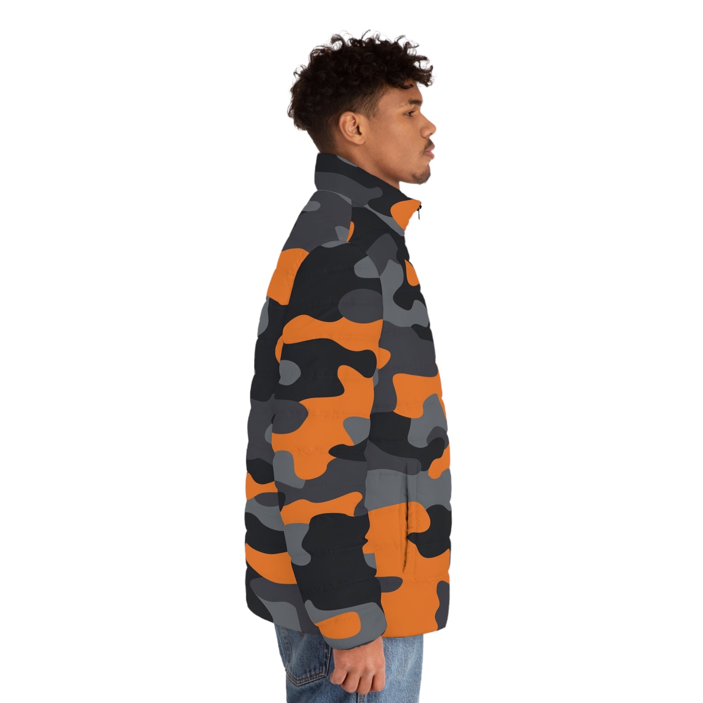 Camo Puffer Jacket | Orange, Gray & Black Camouflage