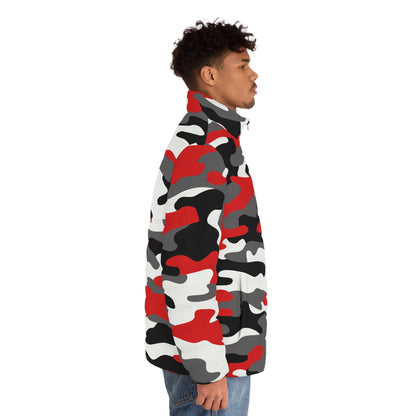 Men's Camo Puffer Jacket | Red, Black & White Camouflage