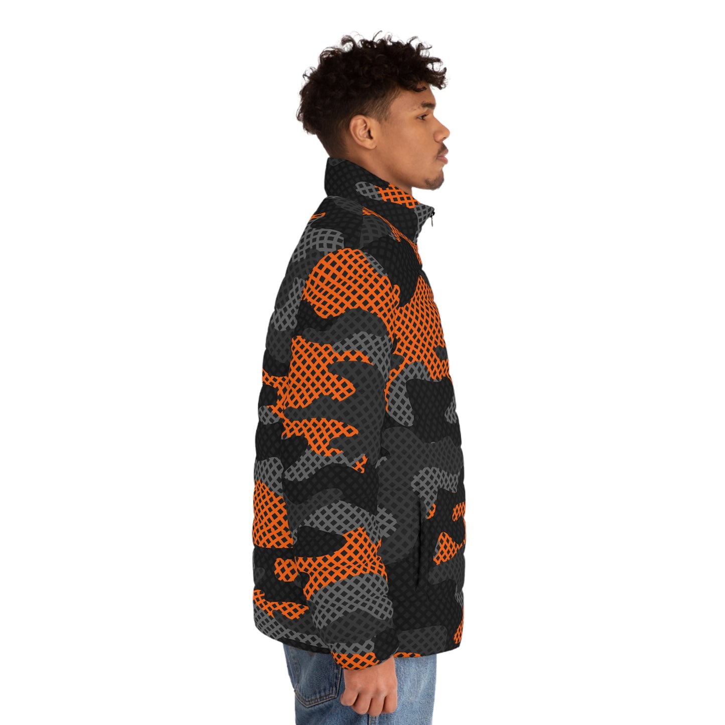 Camo Puffer Jacket | Black & Orange Pixel Camouflage