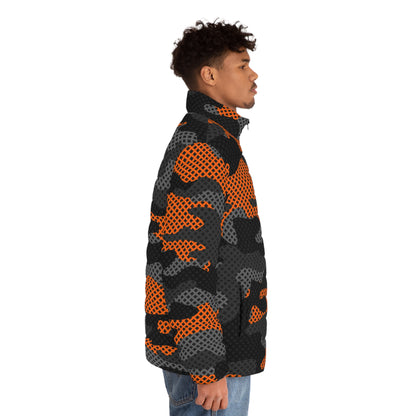 Camo Puffer Jacket | Black & Orange Pixel Camouflage