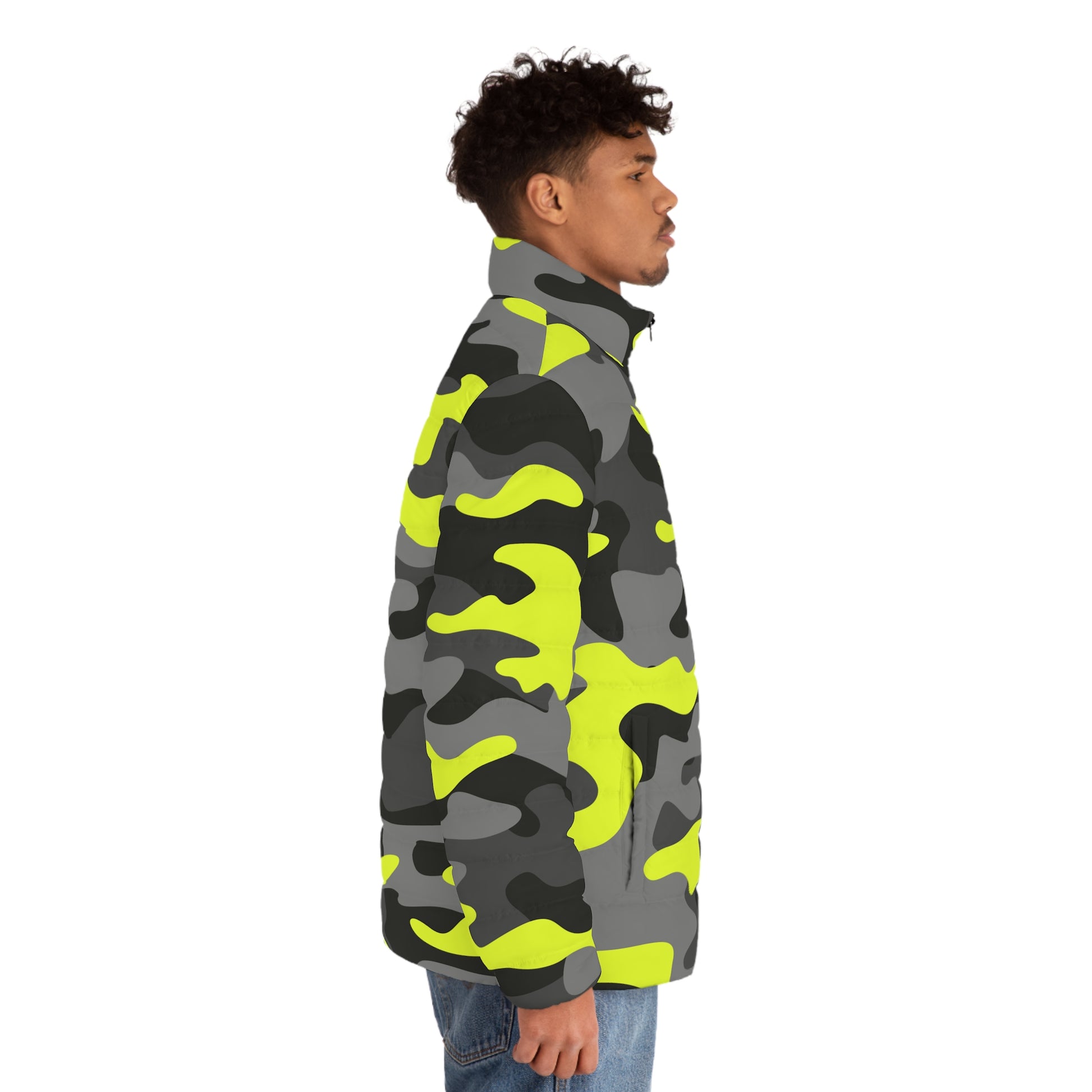 Men's Camo Puffer Jacket | Black, Gray & Yellow Camouflage