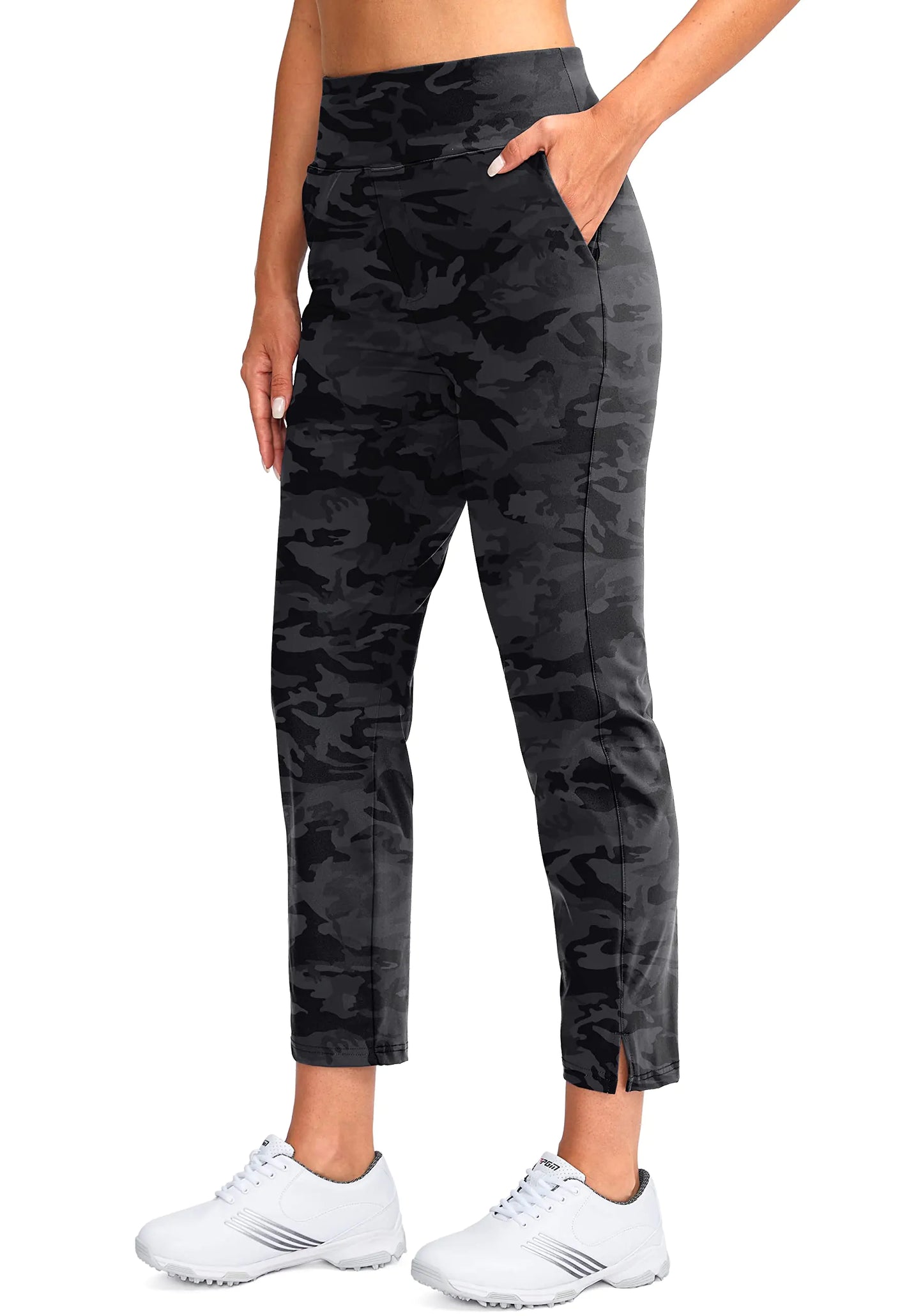 Grey Camo Women's Golf Pants Stretch Work Ankle Pants High Waist