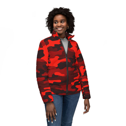 Women’s Camo Puffer Jacket | Scarlet Red & Black Camouflage