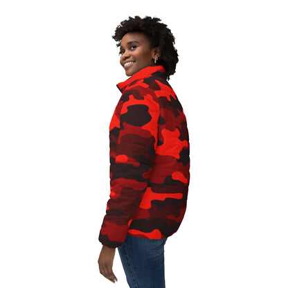 Women’s Camo Puffer Jacket | Scarlet Red & Black Camouflage