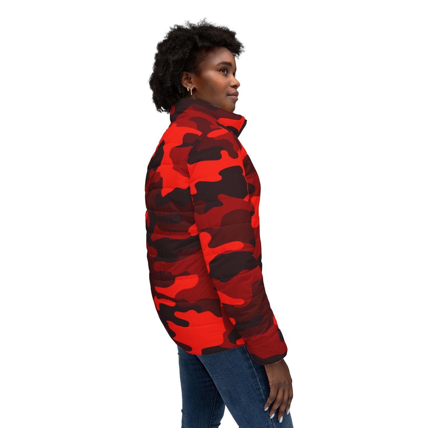 Women’s Camo Puffer Jacket | Scarlet Red & Black Camouflage