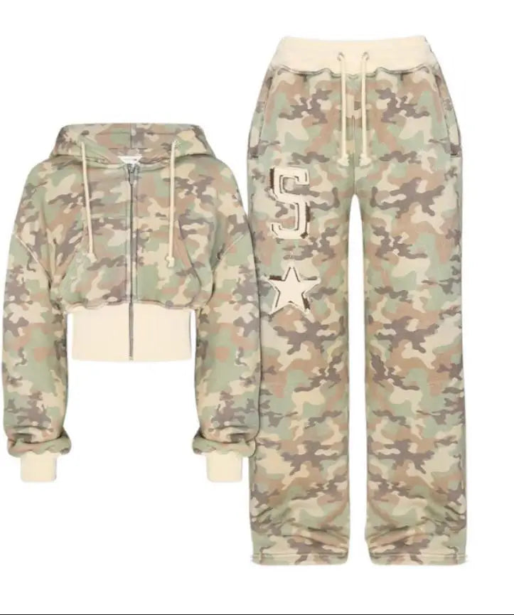 Camouflage Cardigan Zip Up Long Sleeve Pants Set For Women