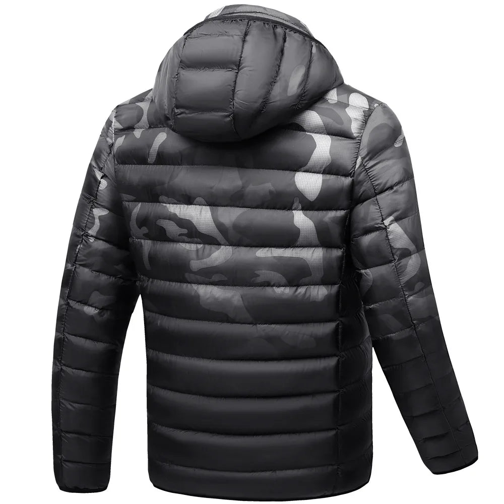 Men's Camo Heated Puffer Jacket | Outdoor Hooded Plus Size Coat