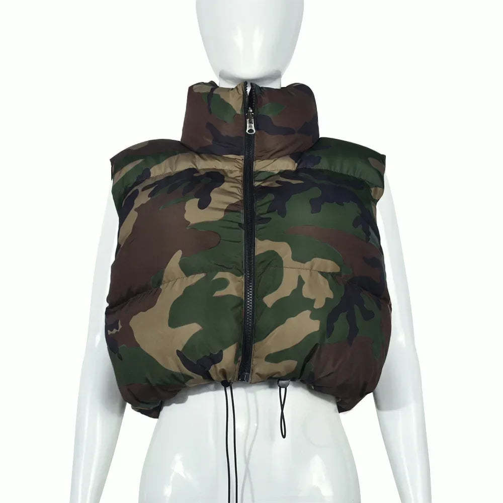 Women's Camo Zipper Puffer Jacket, Hollow Sleeve, Stand Collar