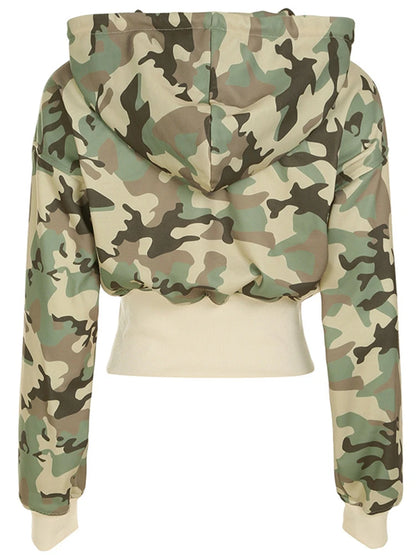 Camo Set for Women | Zip Up Hooded Crop Bomber Jacket and Straight Cargo Pants