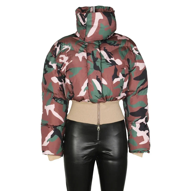 Fashionable Women's Camo Bubble Puffer Coat, Retro Parka