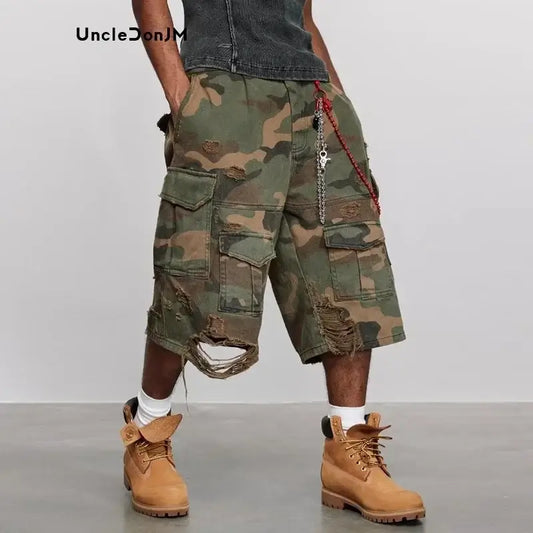 Men’s Ripped Camo Cropped Pants – Loose Fit, Hip-Hop Style | Camo Colors