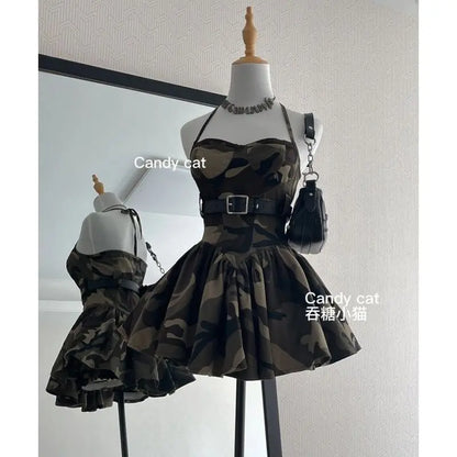 Harajuku Spicy Girl Camo Camisole Skirt Mini Dress 2025 Y2K