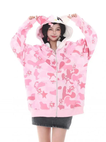 Hello Kitty Zip Hoodie Loose Cardigan for Women | Oversized