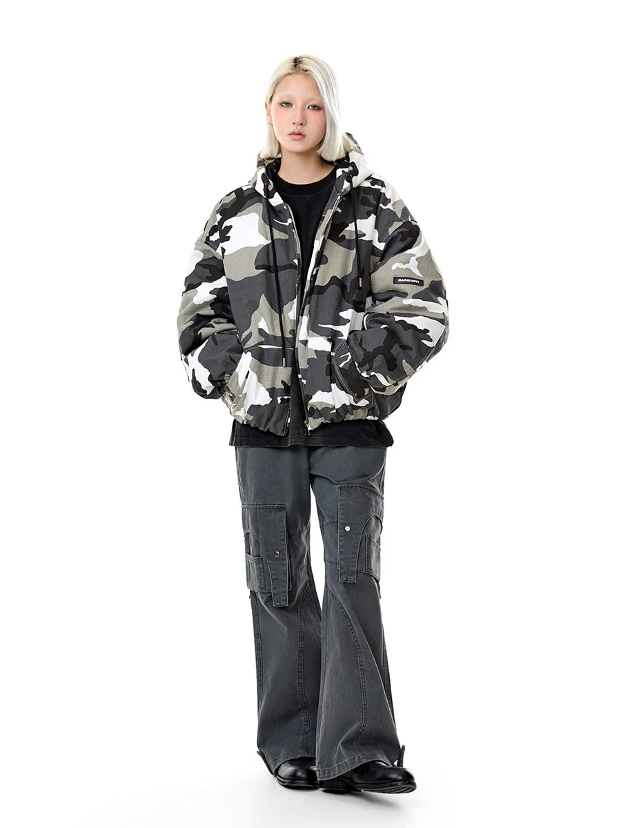 Winter American Camo Hooded Bomber Jacket: Unisex, Loose Fit