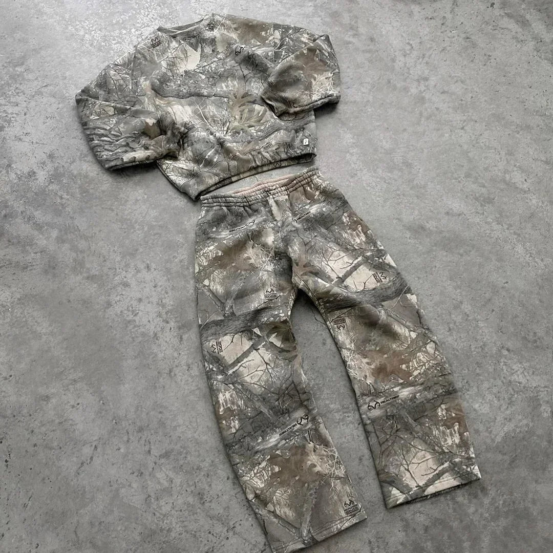 Retro Camo Streetwear Hoodie & Sweatpants Wide-Leg Set