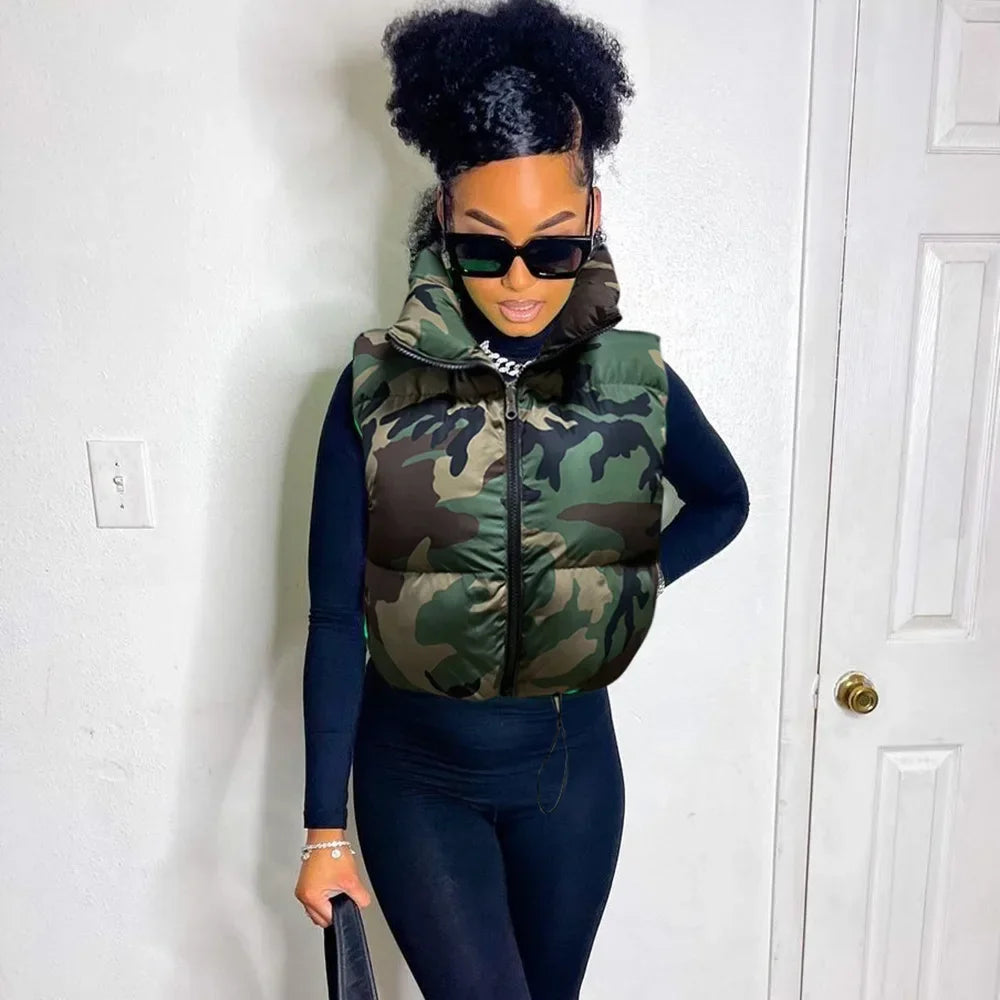 Women's Camo Zipper Puffer Jacket, Hollow Sleeve, Stand Collar