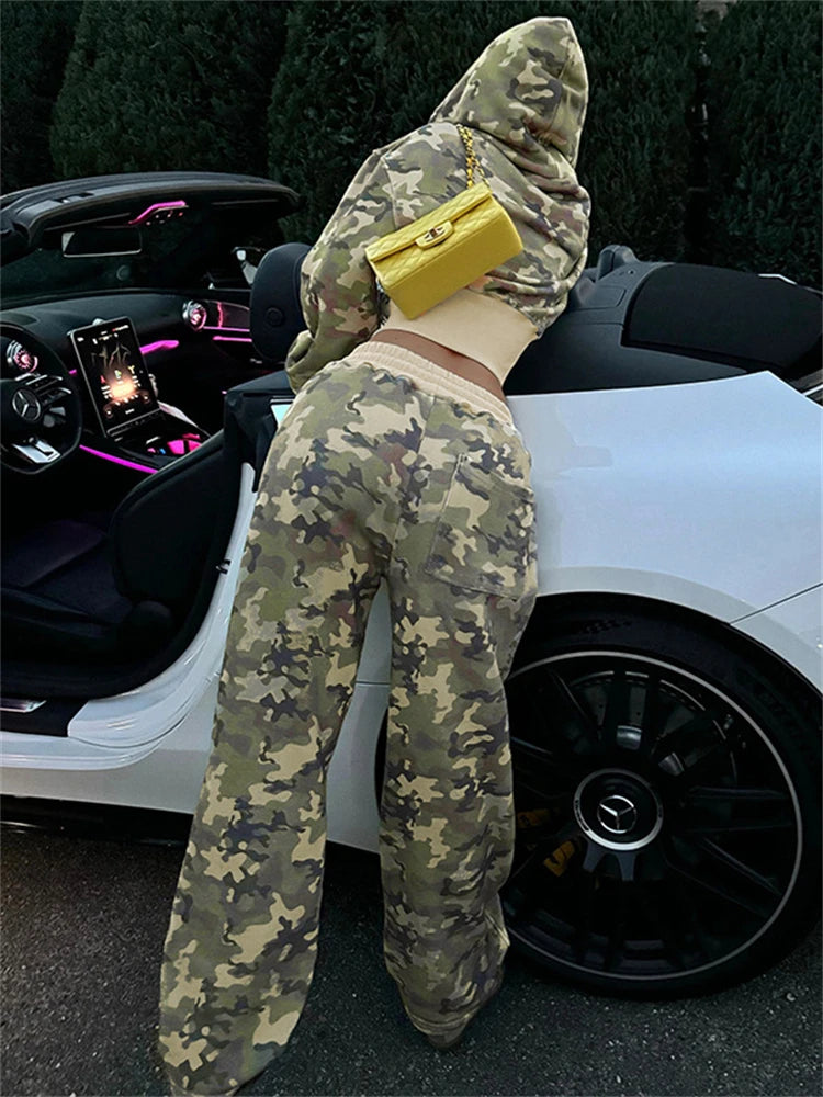 Camo Set for Women | Zip Up Hooded Crop Bomber Jacket and Straight Cargo Pants