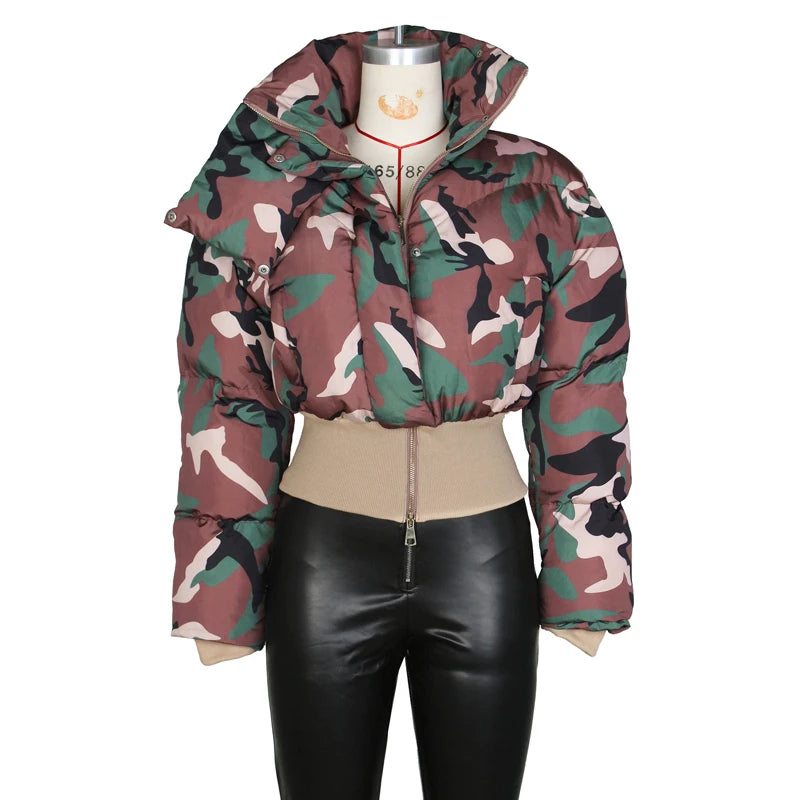 Fashionable Women's Camo Bubble Puffer Coat, Retro Parka