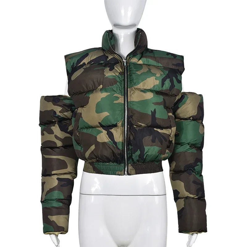 Women's Camo Zipper Puffer Jacket, Hollow Sleeve, Stand Collar