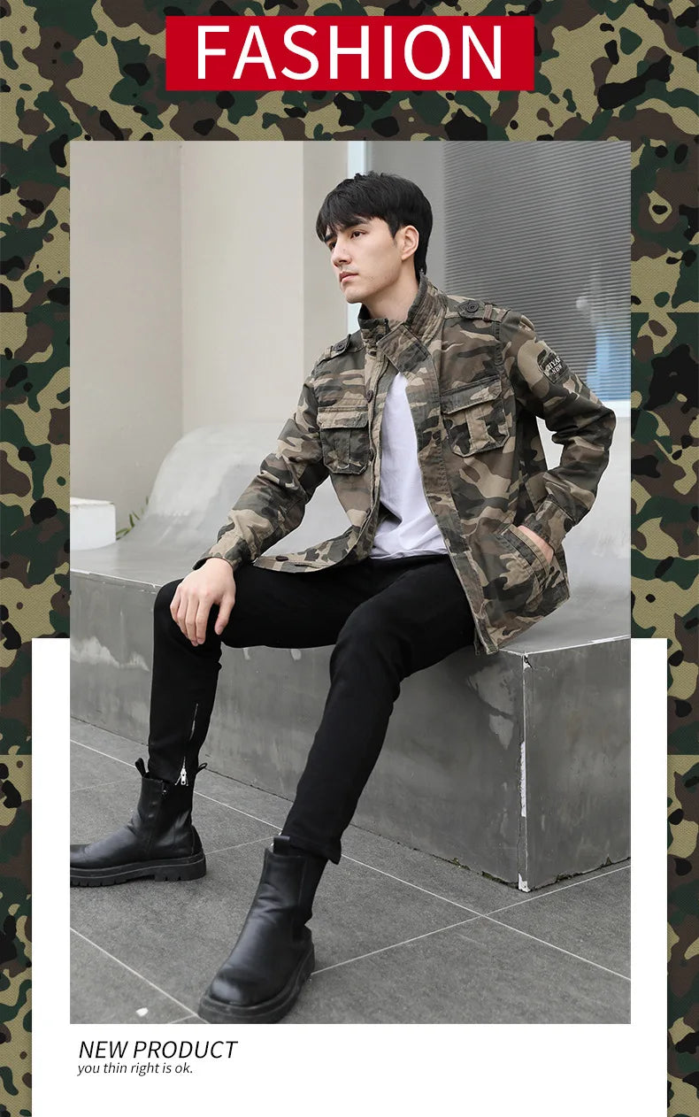 Men's Oversized Camo Denim Jacket: Thick, Green Military Coat