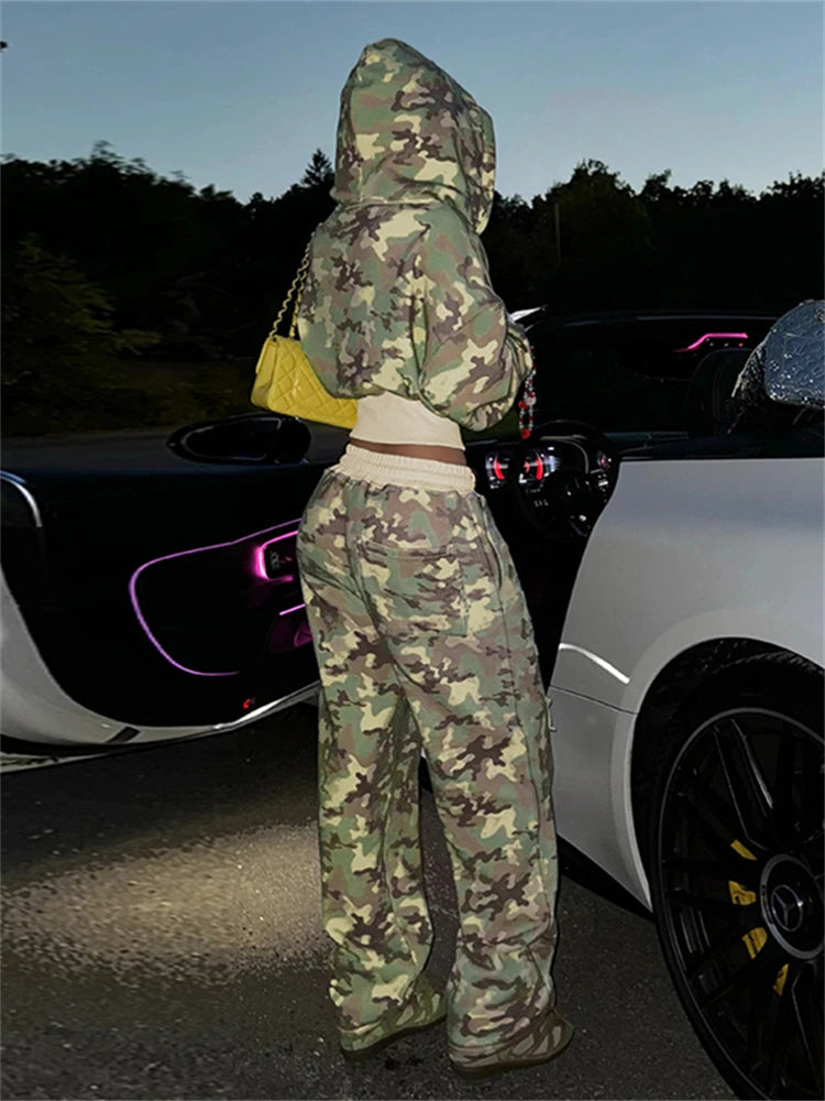 Camo Set for Women | Zip Up Hooded Crop Bomber Jacket and Straight Cargo Pants