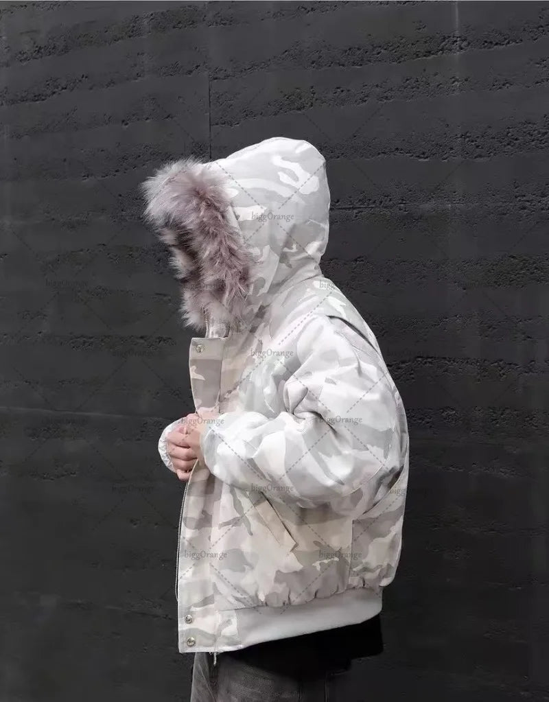 Harajuku Camo Bomber Jacket with Fur Collar Warm Coat Men