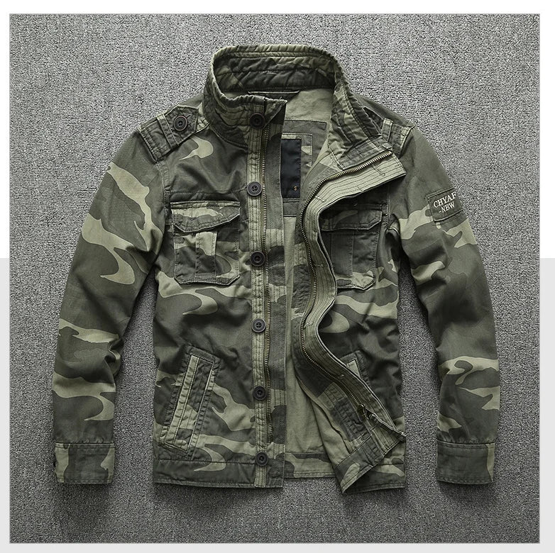 Men's Oversized Camo Denim Jacket: Thick, Green Military Coat