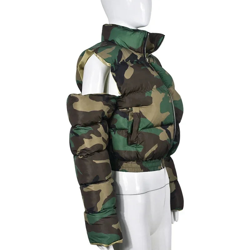 Women's Camo Zipper Puffer Jacket, Hollow Sleeve, Stand Collar