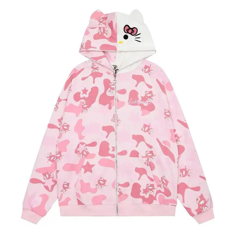 Hello Kitty Zip Hoodie Loose Cardigan for Women | Oversized