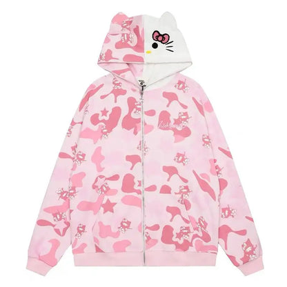 Hello Kitty Zip Hoodie Loose Cardigan for Women | Oversized