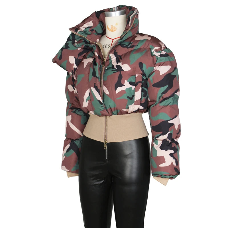 Fashionable Women's Camo Bubble Puffer Coat, Retro Parka