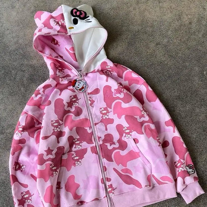 Hello Kitty Zip Hoodie Loose Cardigan for Women | Oversized