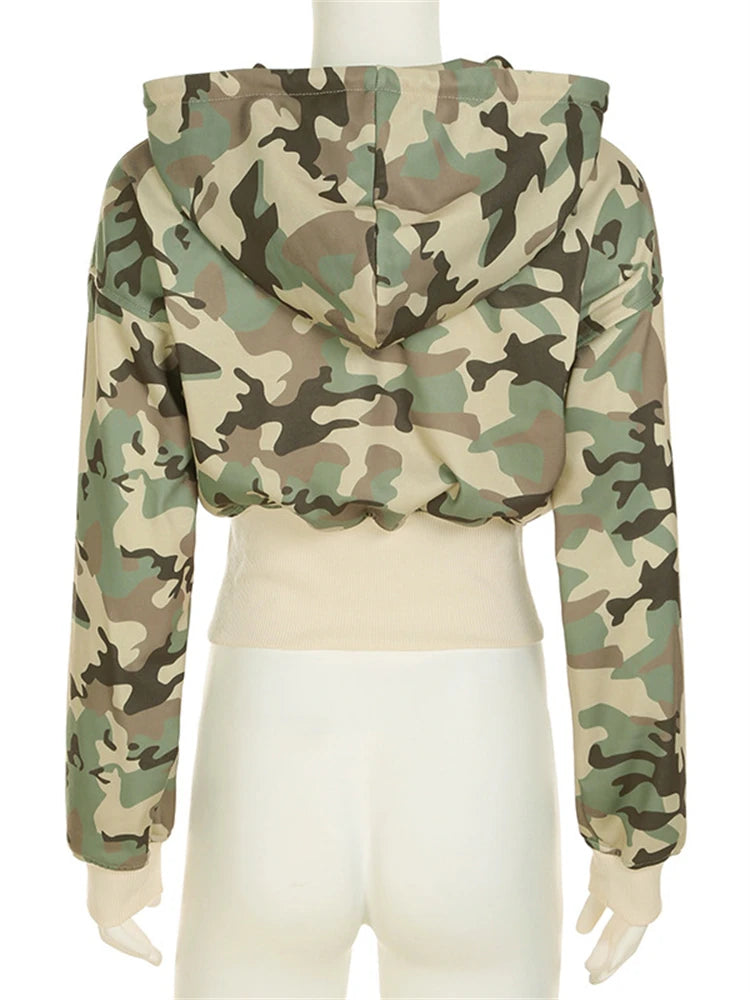 Camo Set for Women | Zip Up Hooded Crop Bomber Jacket and Straight Cargo Pants