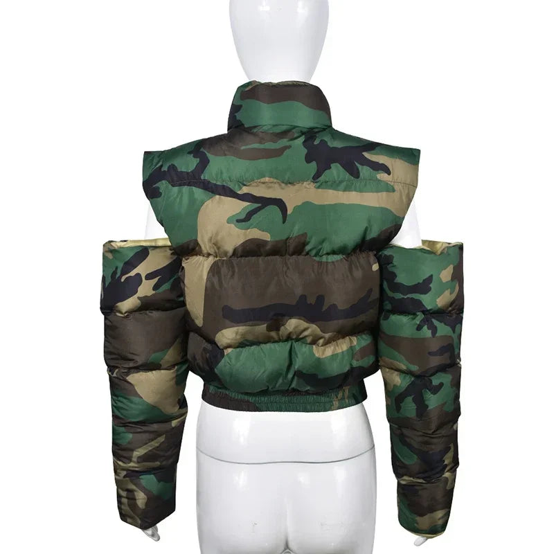 Women's Camo Zipper Puffer Jacket, Hollow Sleeve, Stand Collar