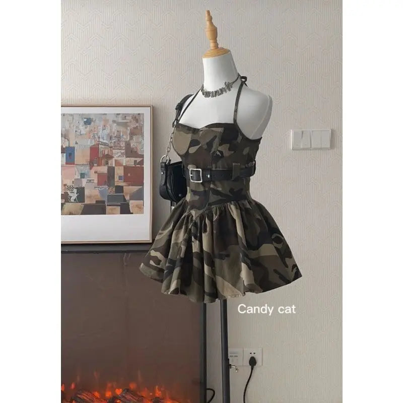 Harajuku Spicy Girl Camo Camisole Skirt Mini Dress 2025 Y2K