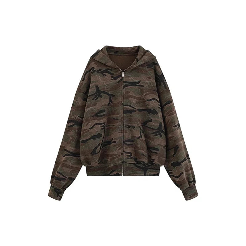 Women's Camo Sweatshirt Jacket: Hood, Zip-Up, Oversized Cardigan