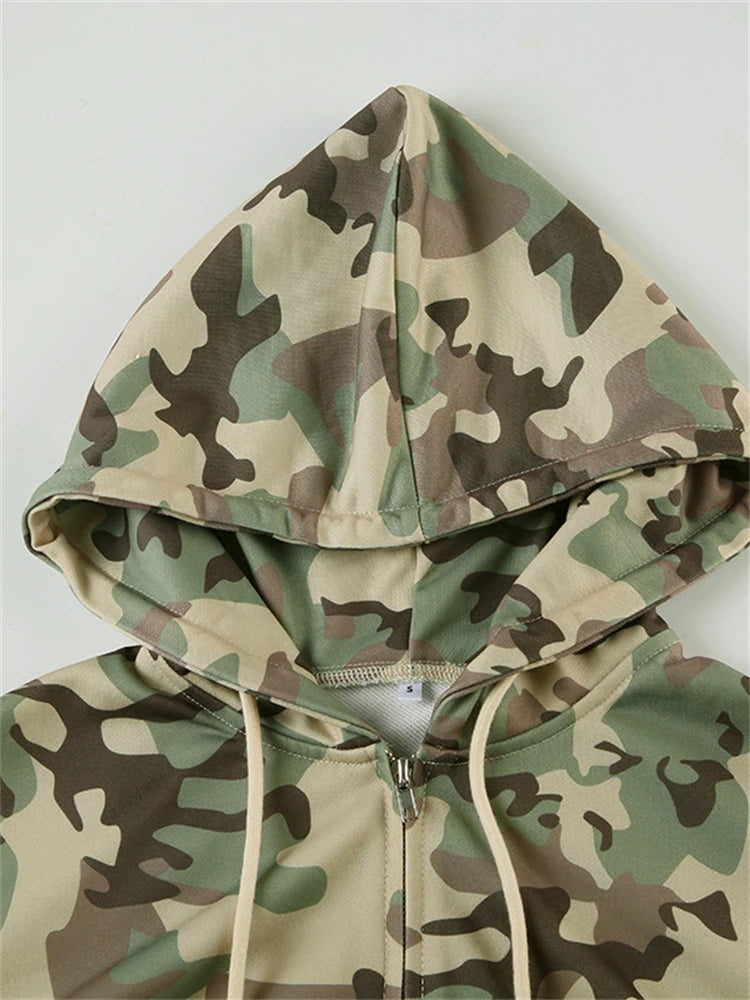 Camo Set for Women | Zip Up Hooded Crop Bomber Jacket and Straight Cargo Pants