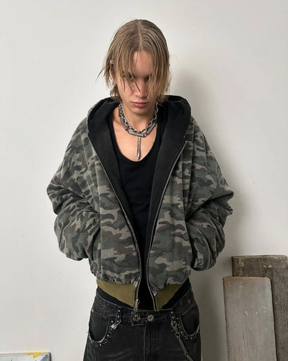 Harajuku Camo Plush Hoodie Cotton Coat for Men Women Y2K