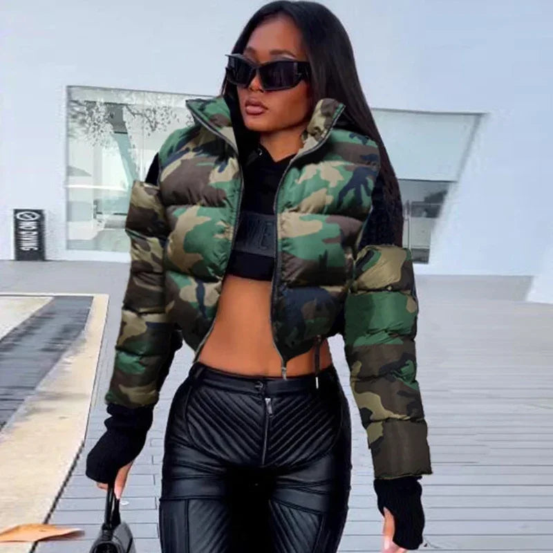 Women's Camo Zipper Puffer Jacket, Hollow Sleeve, Stand Collar