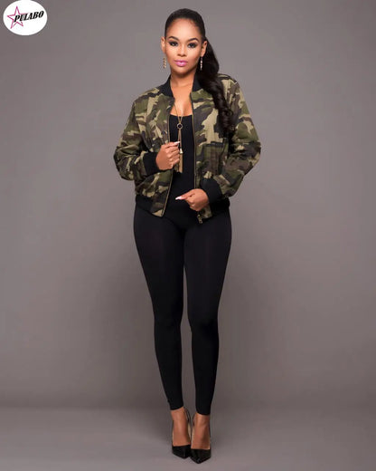 Women's Camo Bomber Jacket: Slim, Cropped, Military Zipper Coat