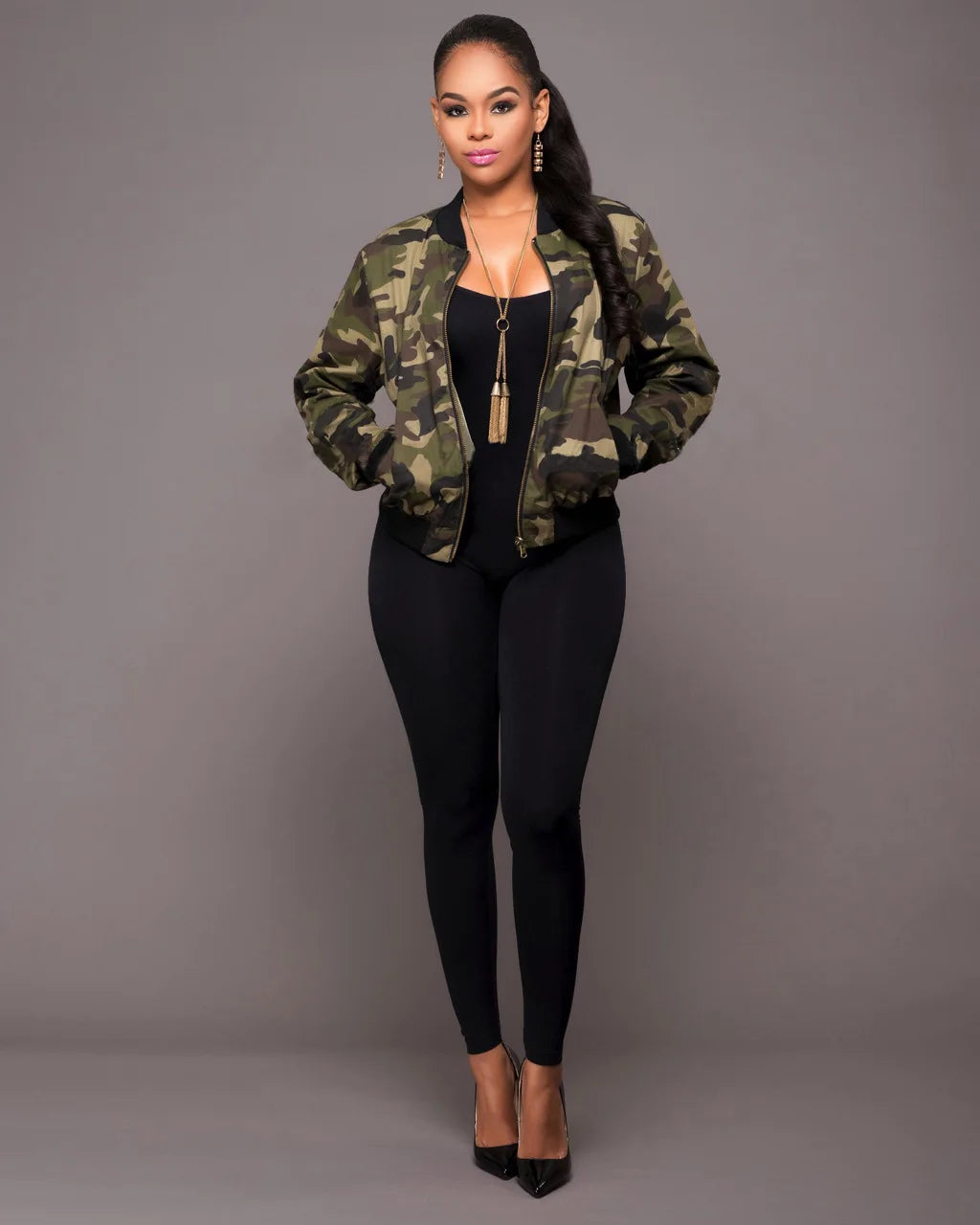 Women's Camo Bomber Jacket: Slim, Cropped, Military Zipper Coat