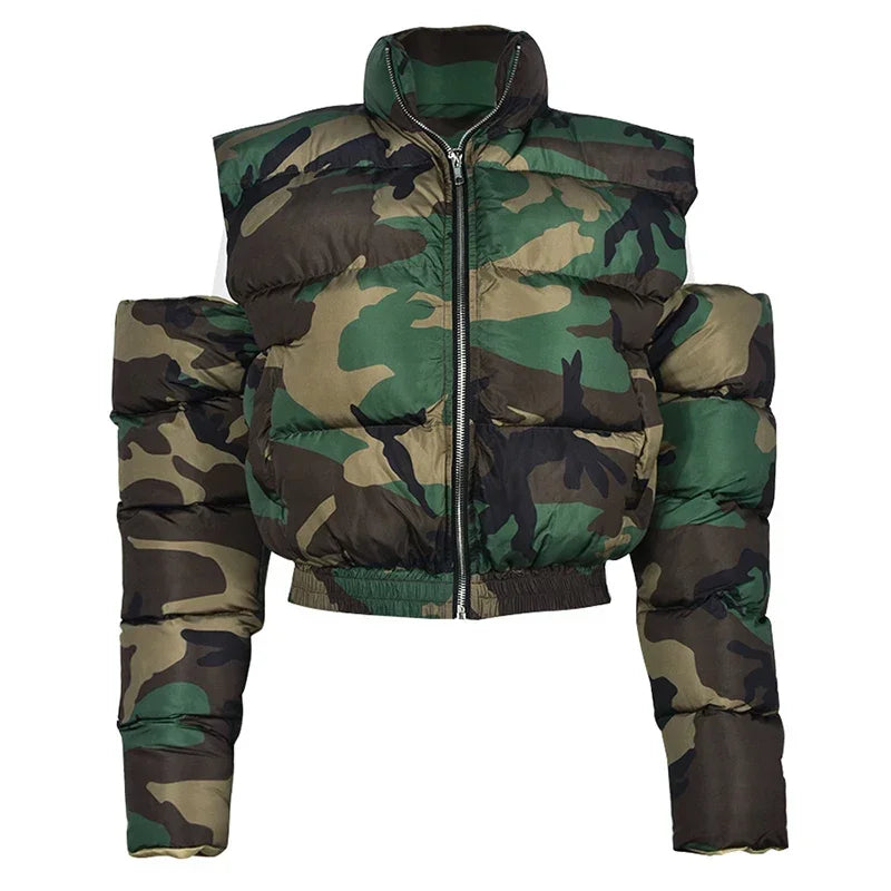 Women's Camo Zipper Puffer Jacket, Hollow Sleeve, Stand Collar