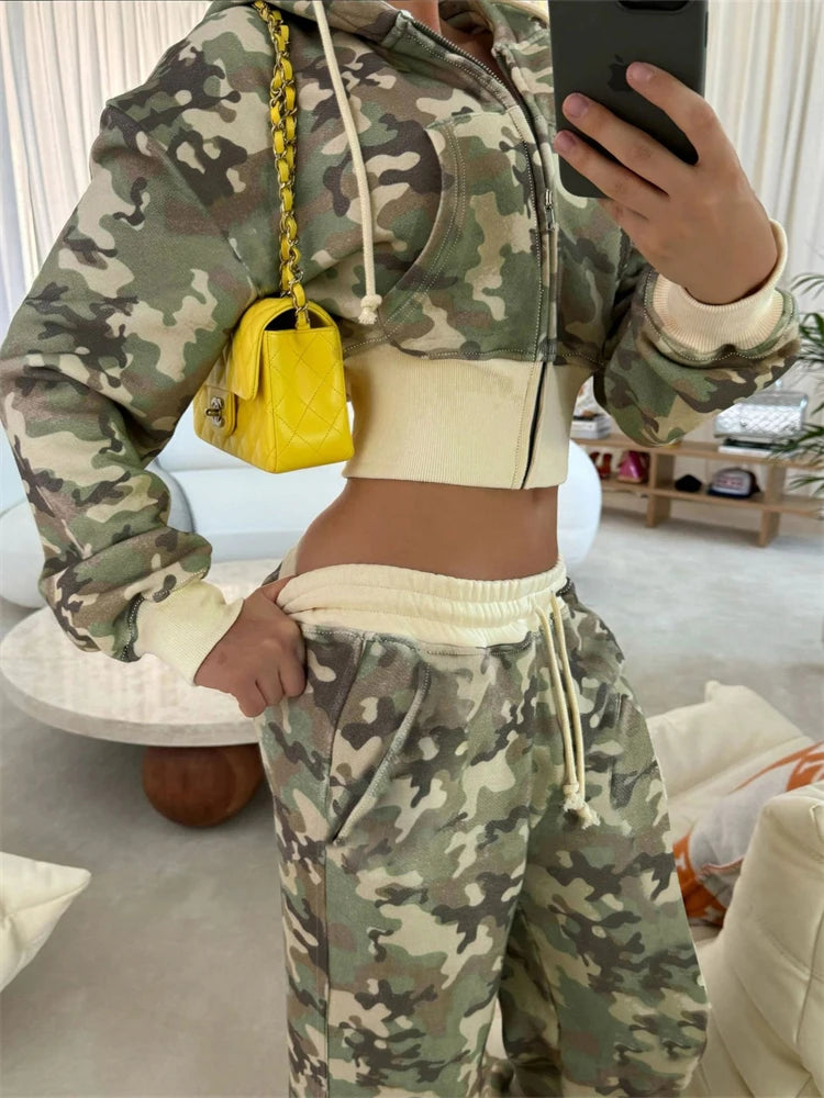 Camo Set for Women | Zip Up Hooded Crop Bomber Jacket and Straight Cargo Pants