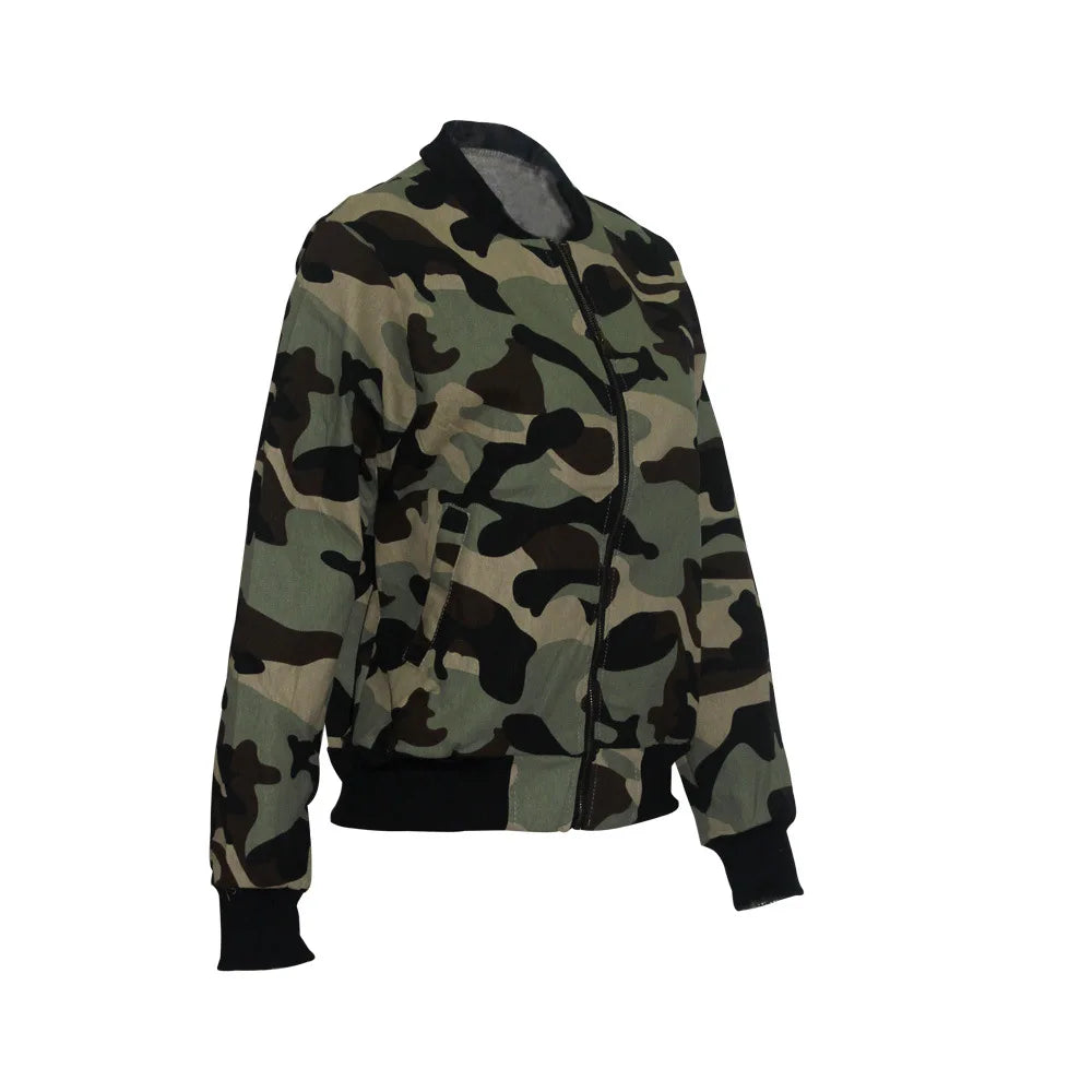 Women's Camo Bomber Jacket: Slim, Cropped, Military Zipper Coat