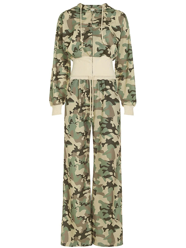 Camo Set for Women | Zip Up Hooded Crop Bomber Jacket and Straight Cargo Pants