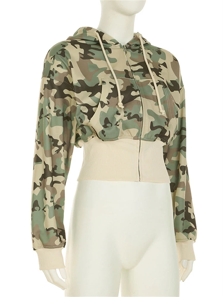 Camo Set for Women | Zip Up Hooded Crop Bomber Jacket and Straight Cargo Pants