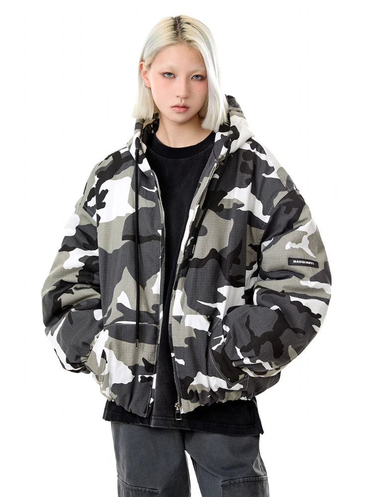 Winter American Camo Hooded Bomber Jacket: Unisex, Loose Fit